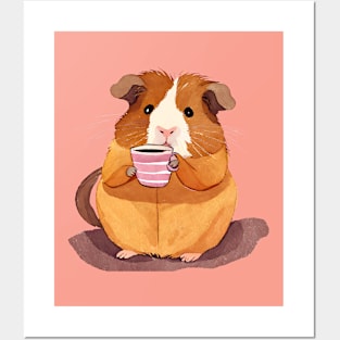 Cute Watercolor Guinea Pig Drinking Tea Posters and Art